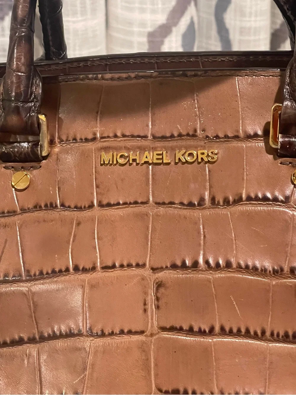 Michael Kors Two-Tone Brown Croc-Embossed Leather Satchel with Gold Hardware